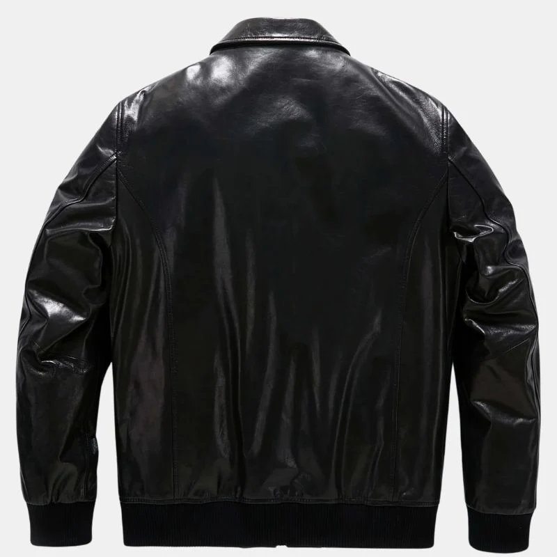 mens patched black bomber leather jacket