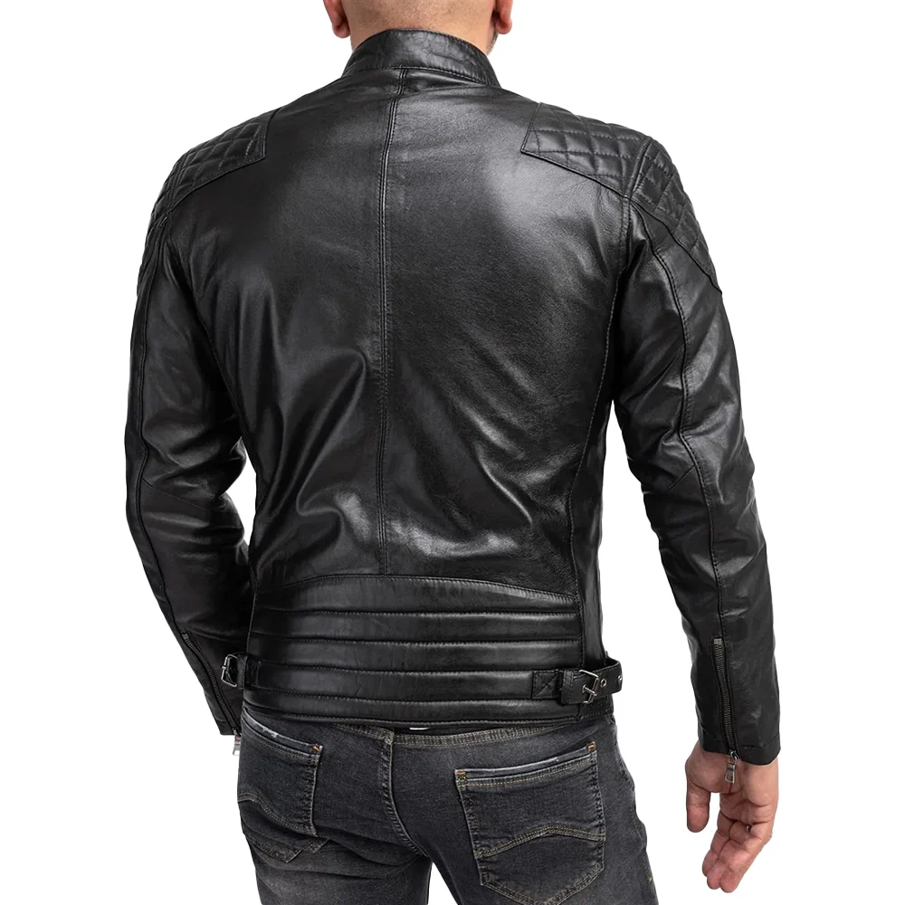 mens padded black cafe racer leather jacket