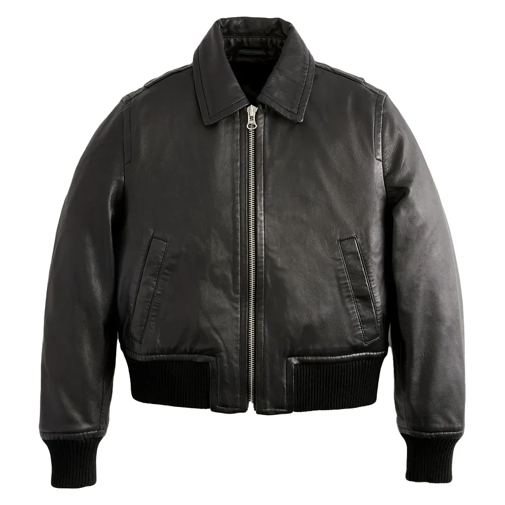 share cropped black leather ladies bomber jacket