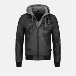 mens black bomber leather jacket with removable hood