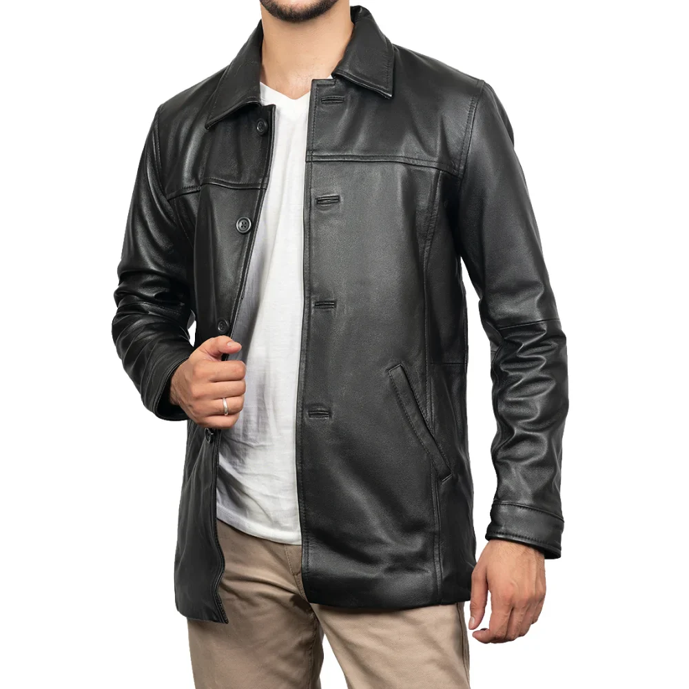 victor black mens 3/4 length lambskin leather car coat