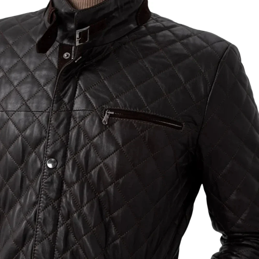 men’s black diamond quilted real leather car coat with brown detailing