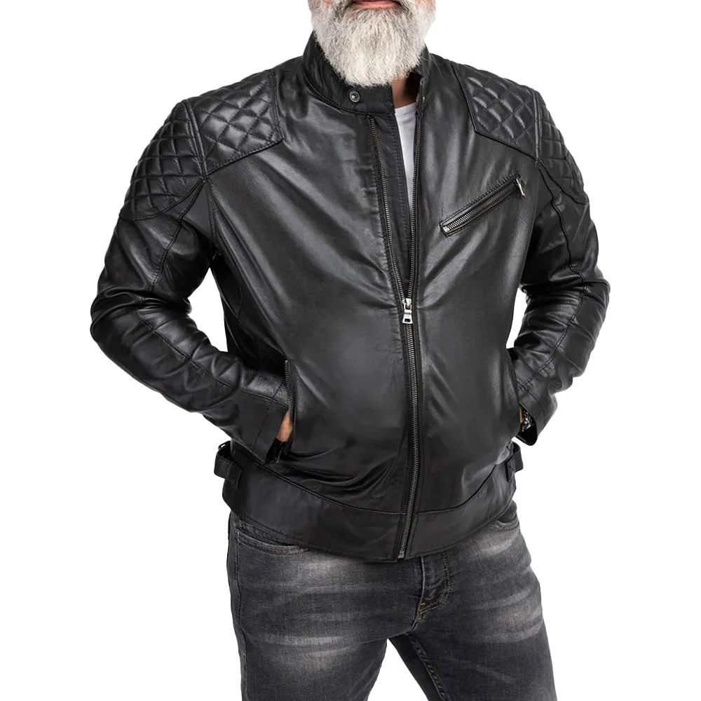 mens padded black cafe racer leather jacket