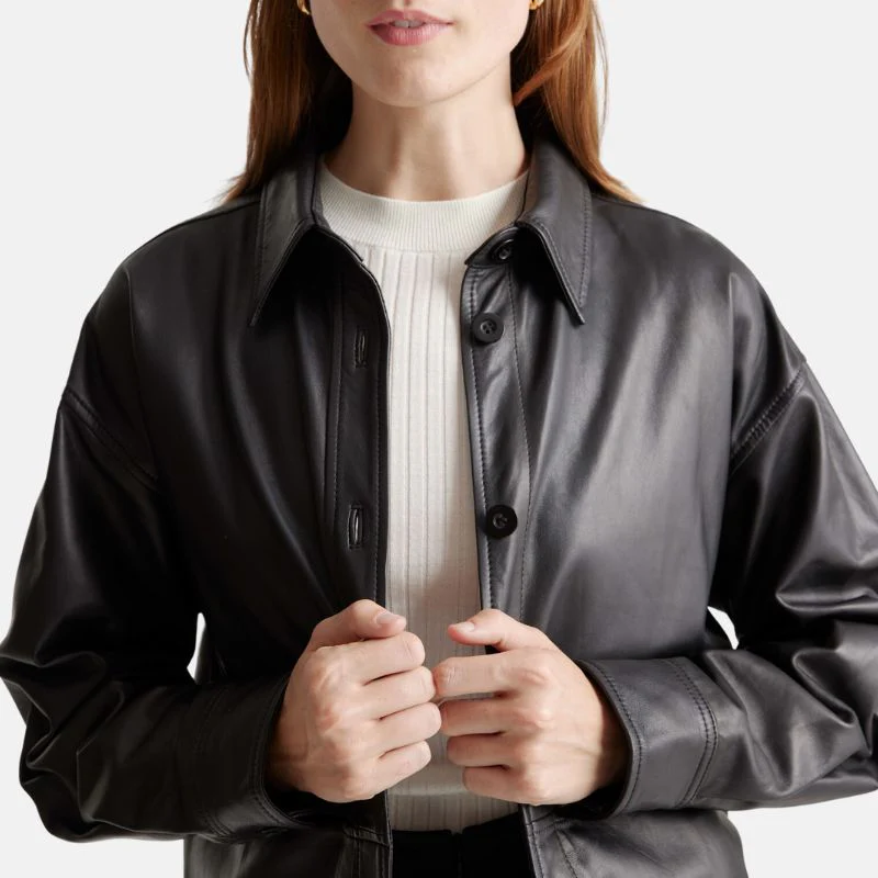 black leather womens shirt jacket