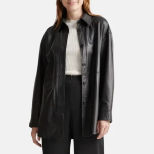 black leather womens shirt jacket