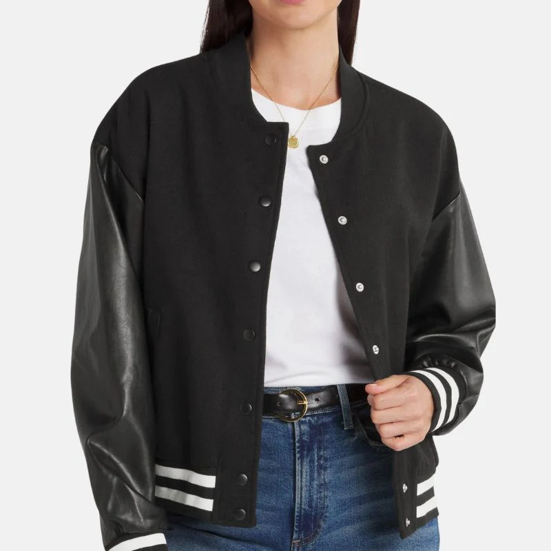 women's black lettermen bomber jacket with leather sleeves