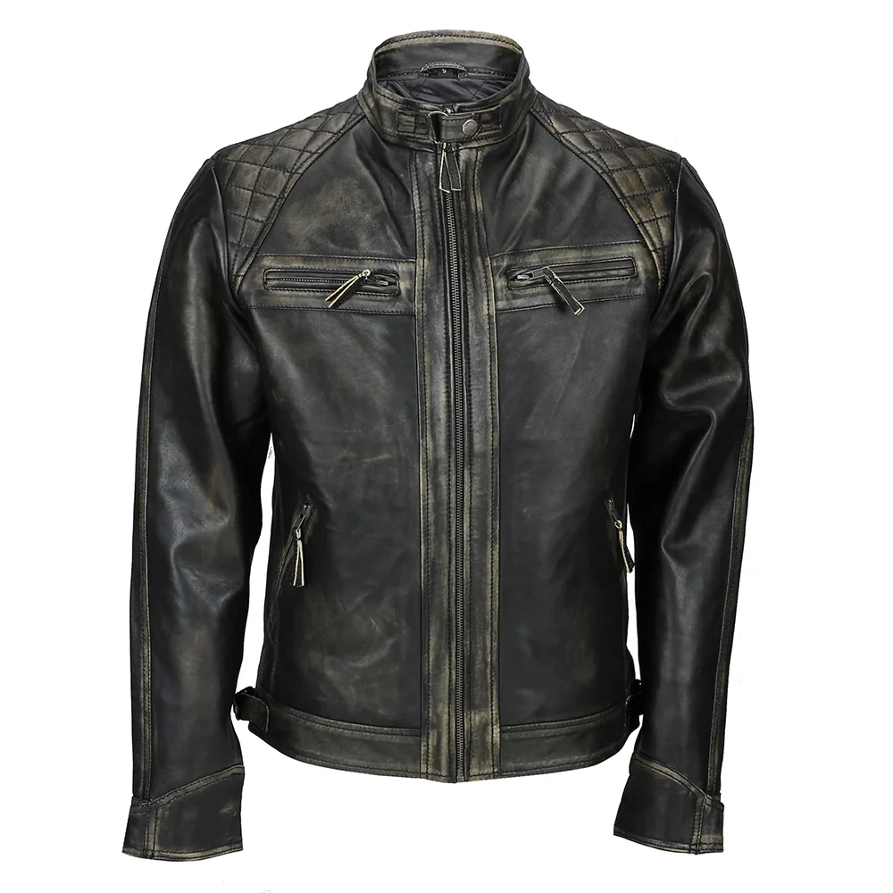 mens distressed real lambskin black leather biker jacket