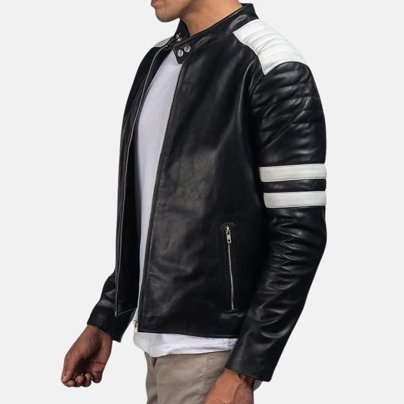brad black and white leather jacket men's