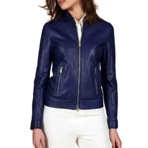 women's blue cafe racer leather jacket