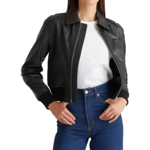 share cropped black leather ladies bomber jacket
