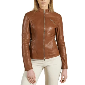 women's brown cafe racer leather motorcycle jacket