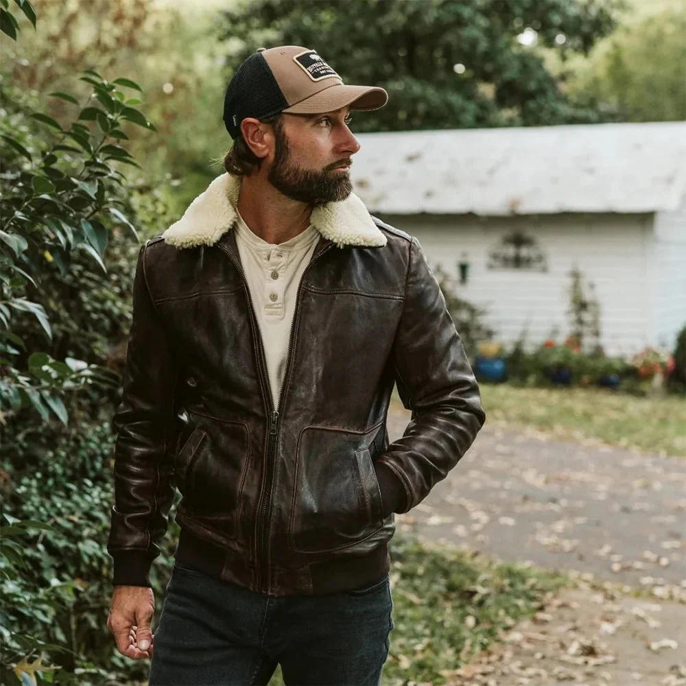 maverick vintage brown leather bomber jacket with detachable sherpa collar