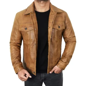 men's camel brown trucker leather jacket