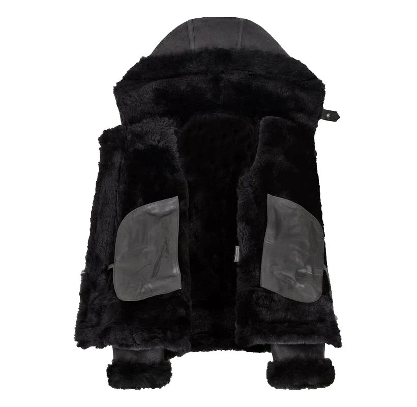 womens hooded shearling black bomber aviator jacket