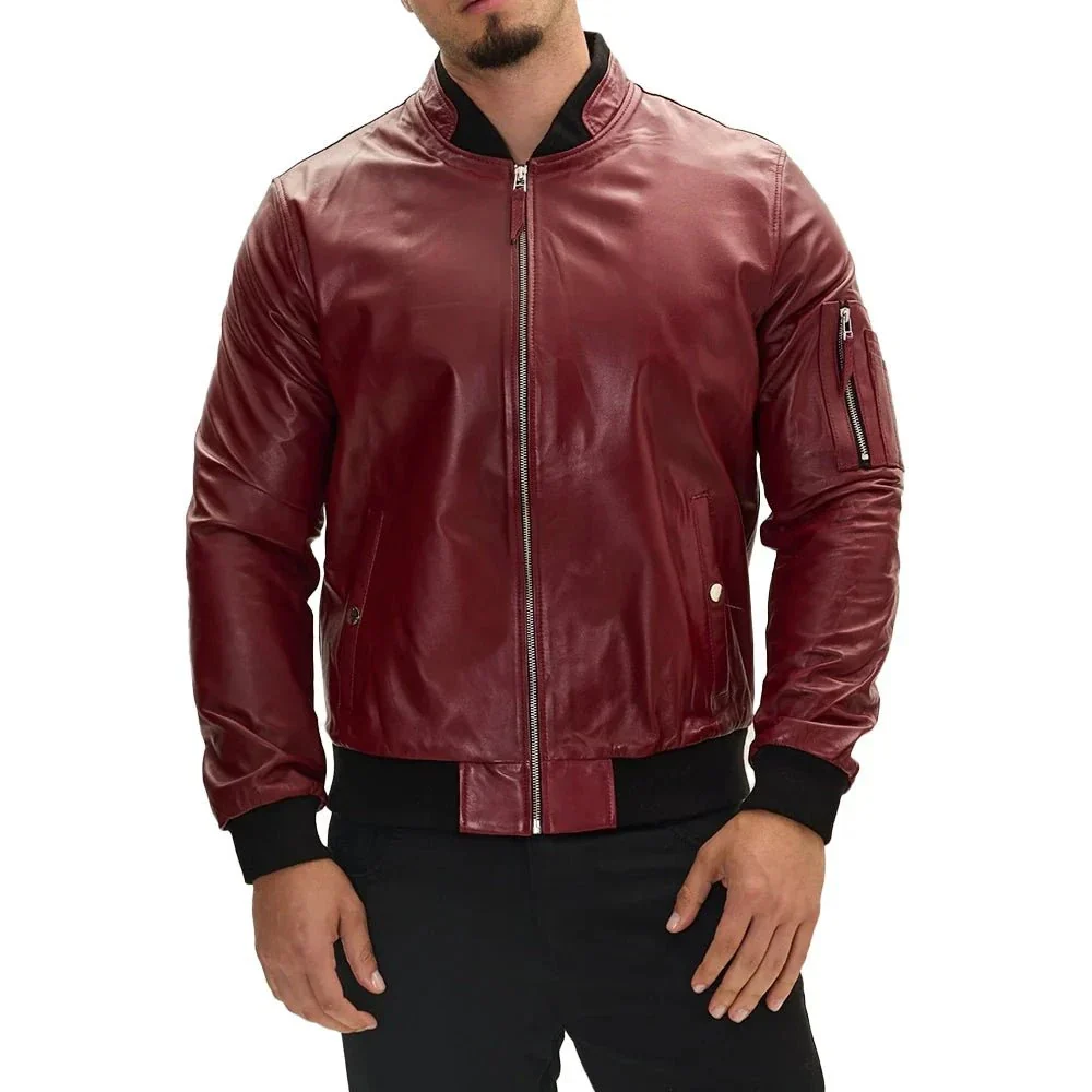 bomber red leather jacket mens