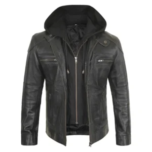 mens black hooded bker leather jacket with removable hood