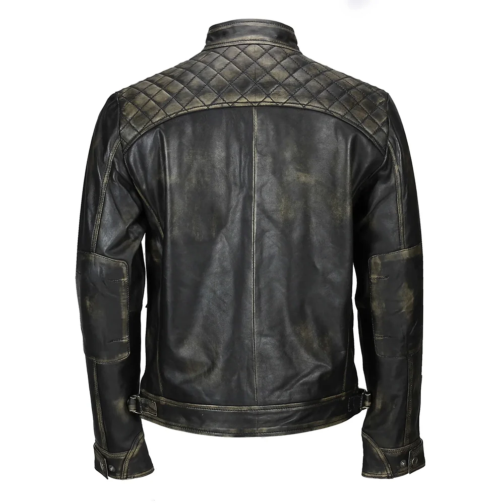 mens distressed real lambskin black leather biker jacket