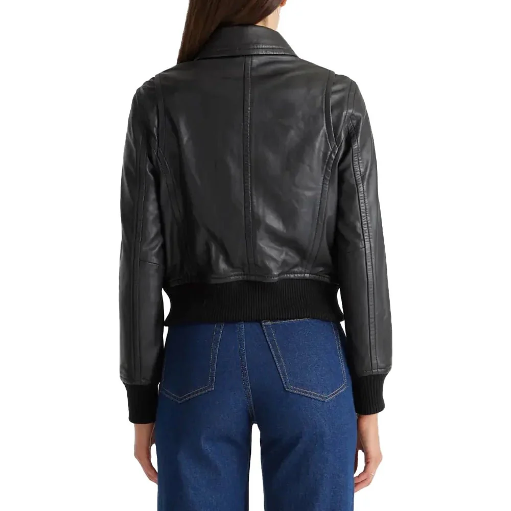 share cropped black leather ladies bomber jacket