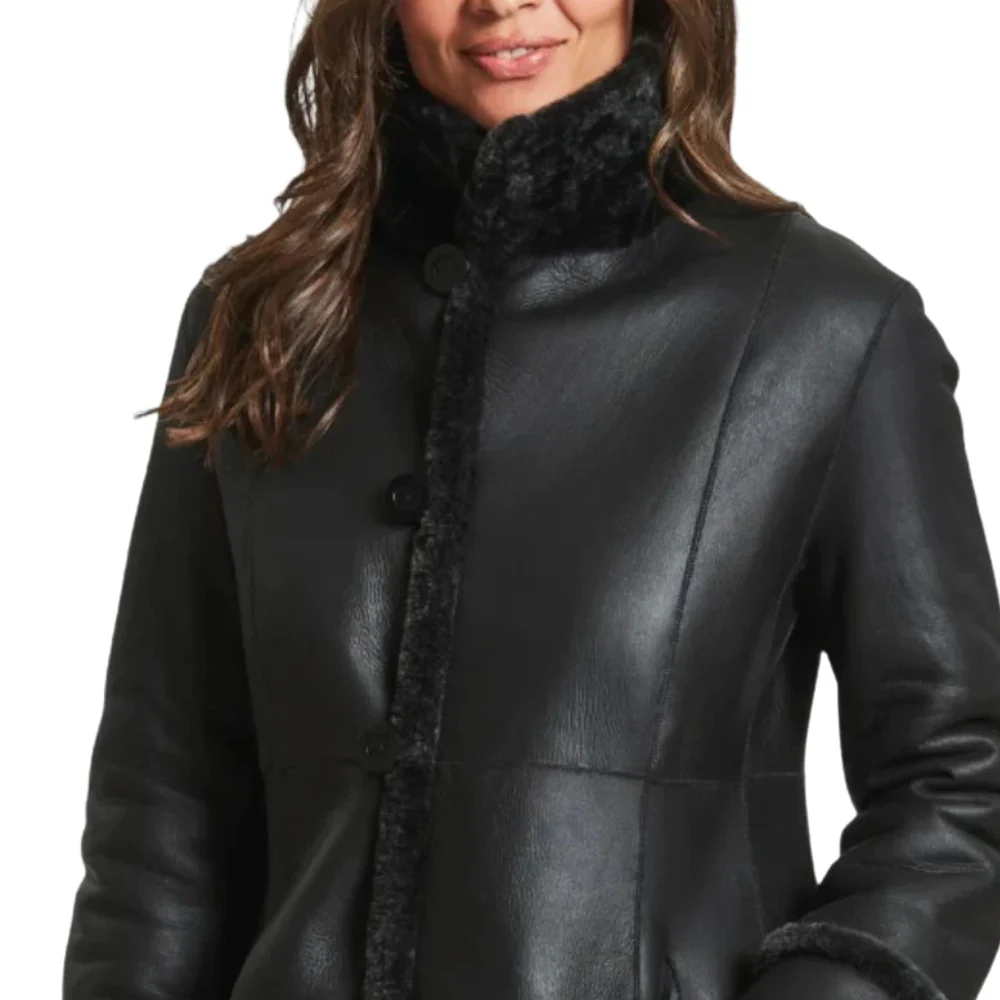 victoria womens black leather shearling winter coat