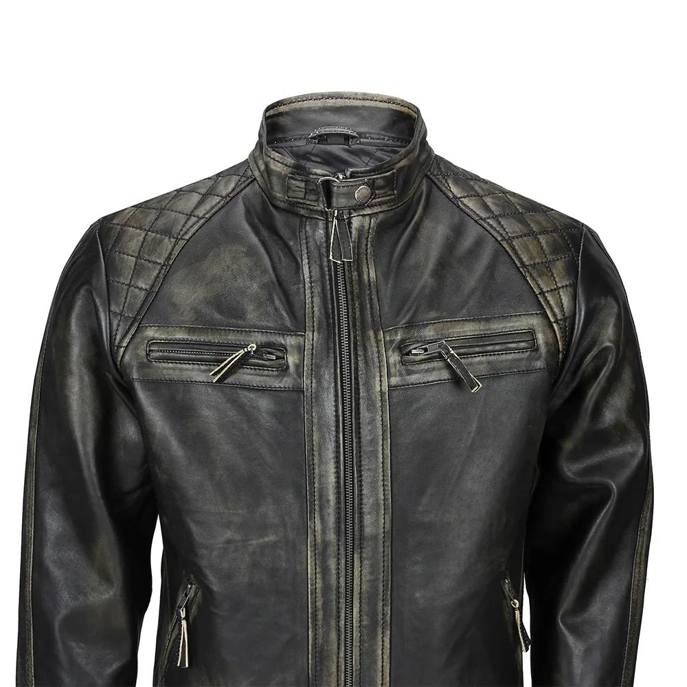 mens distressed real lambskin black leather biker jacket