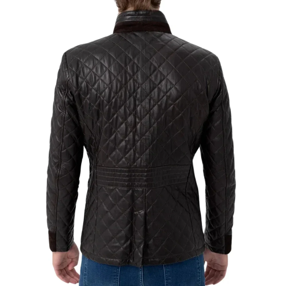 men’s black diamond quilted real leather car coat with brown detailing