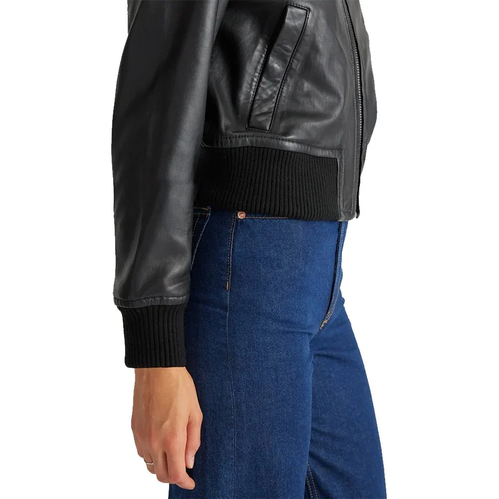 share cropped black leather ladies bomber jacket