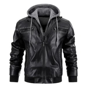 men's distressed black leather jacket with removable hood