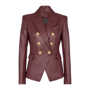 kim double breasted red leather blazer womens