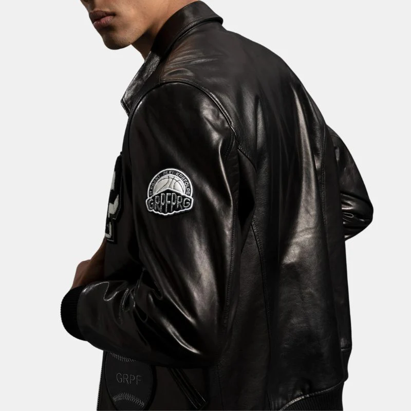 mens patched black bomber leather jacket