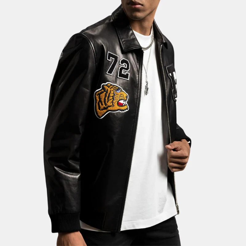 mens patched black bomber leather jacket
