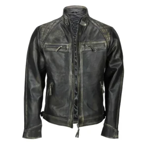 mens distressed real lambskin black leather biker jacket