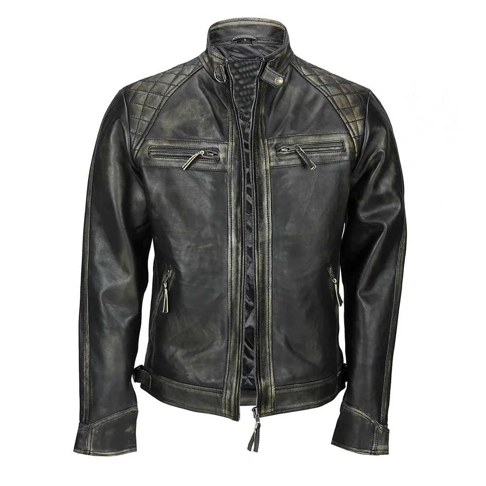 mens distressed real lambskin black leather biker jacket