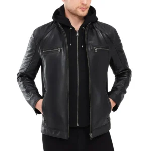 mens black leather moto jacket with removable hood