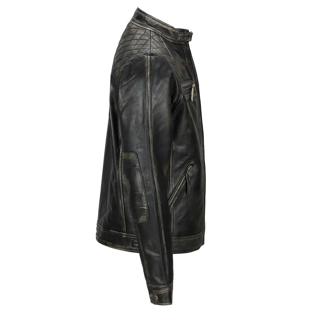 mens distressed real lambskin black leather biker jacket