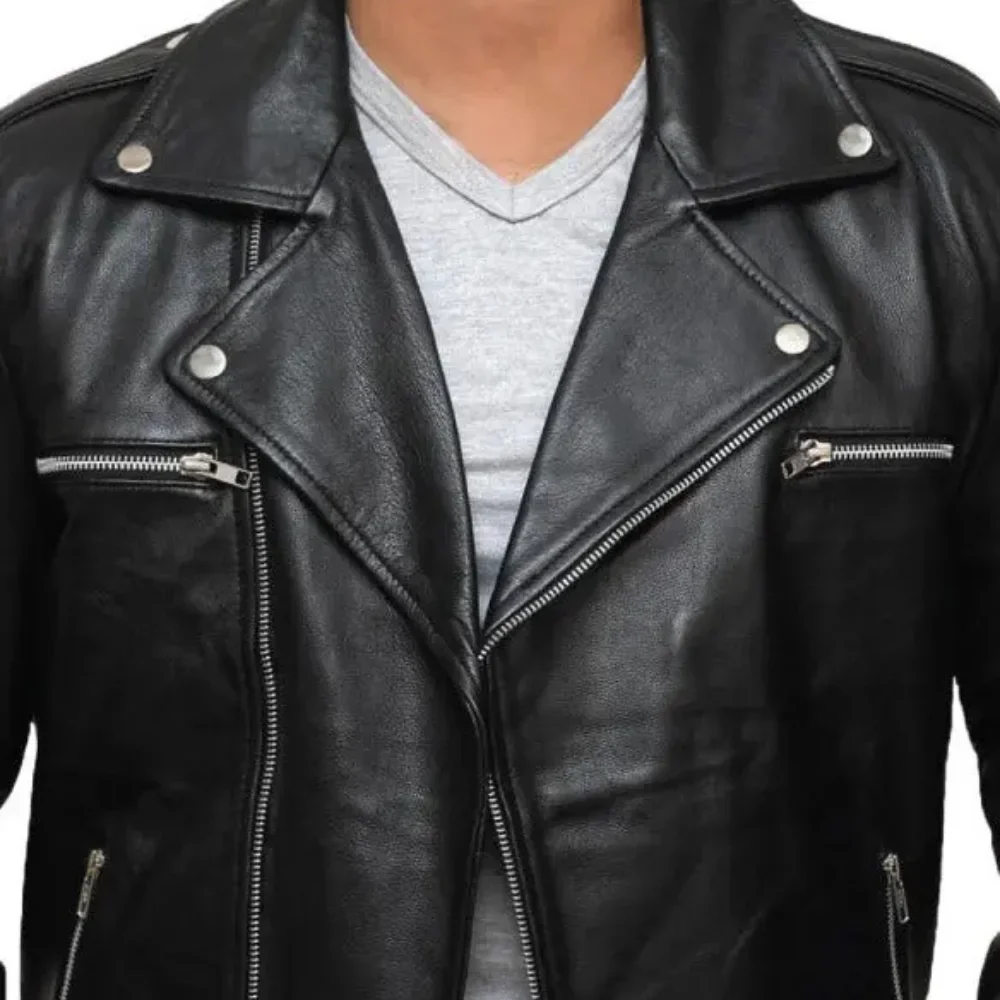 negan men's black belted asymmetrical moto leather jacket