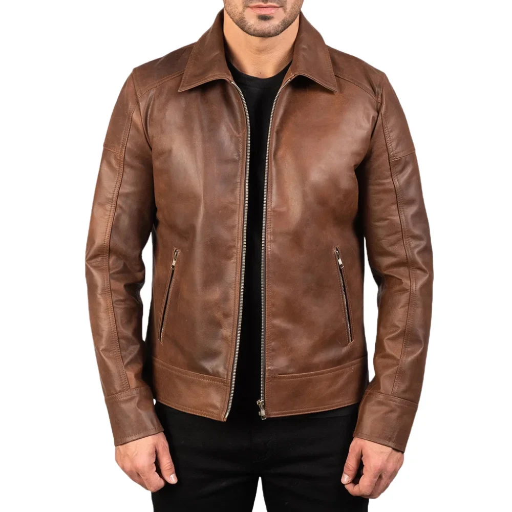 reeves men's brown shirt collar leather biker jacket
