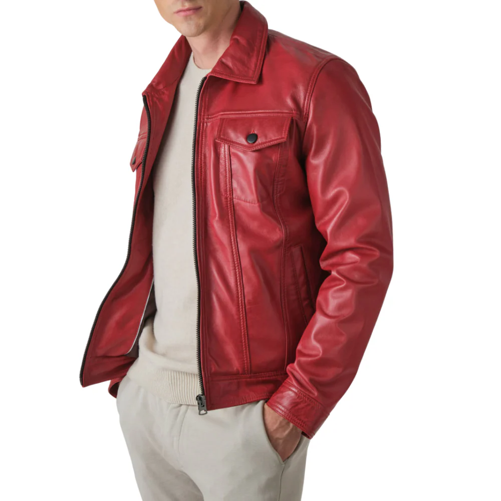 mens red vintage real leather trucker jacket