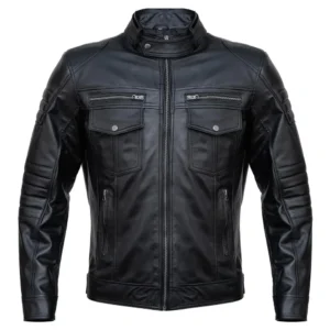mens slim fit double pockets real black leather biker jacket