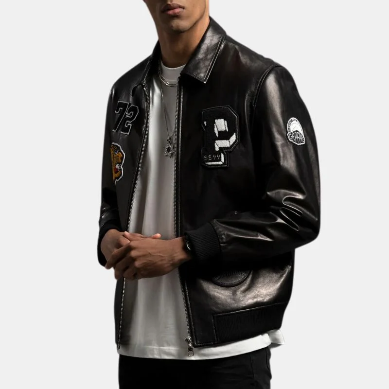 mens patched black bomber leather jacket