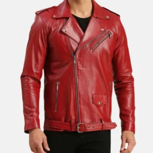 men's red asymmetrical biker leather jacket