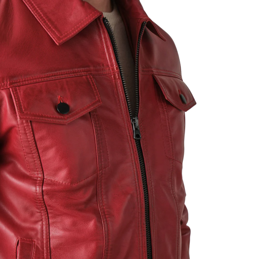 mens red vintage real leather trucker jacket