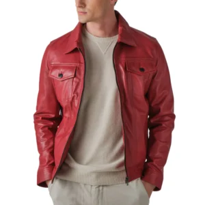 mens red vintage real leather trucker jacket