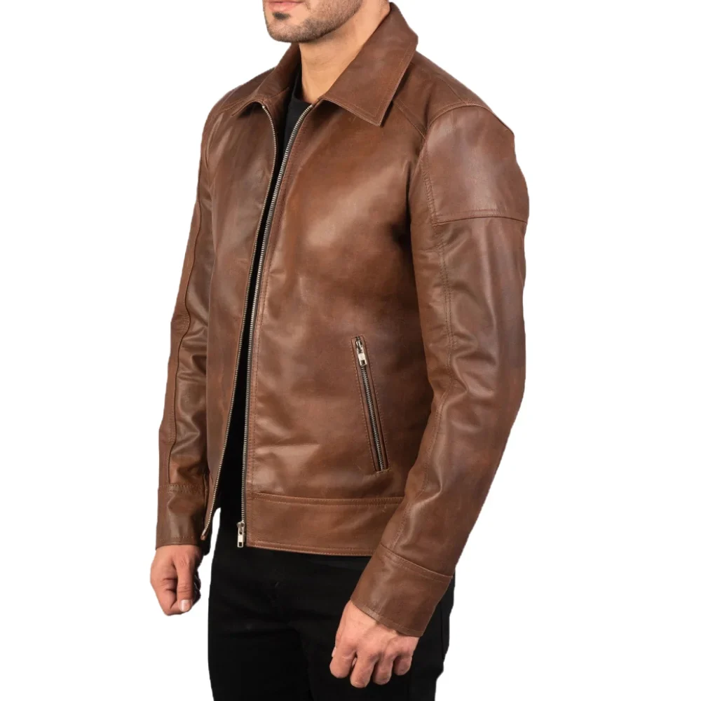 reeves men's brown shirt collar leather biker jacket