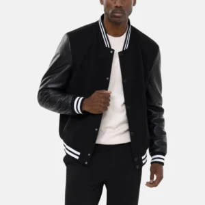 men's black letterman bomber jacket with leather sleeves