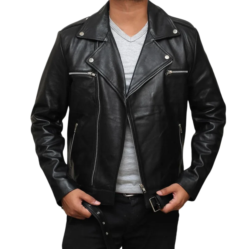 negan men's black belted asymmetrical moto leather jacket