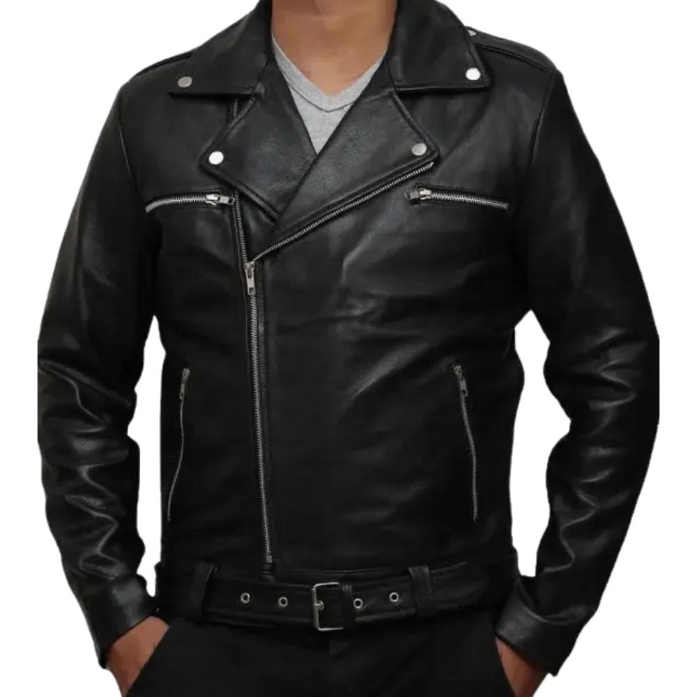 negan men's black belted asymmetrical moto leather jacket
