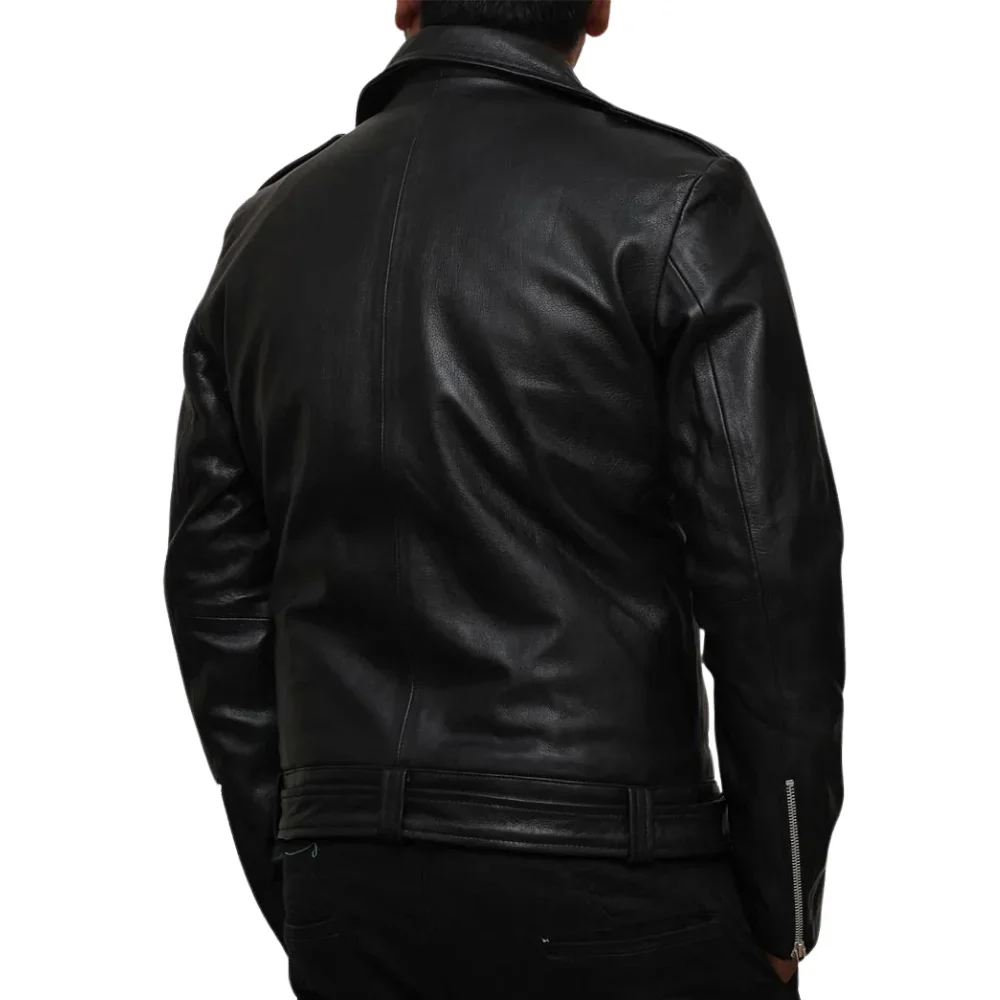 negan men's black belted asymmetrical moto leather jacket