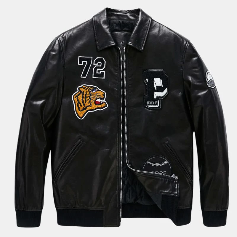 mens patched black bomber leather jacket