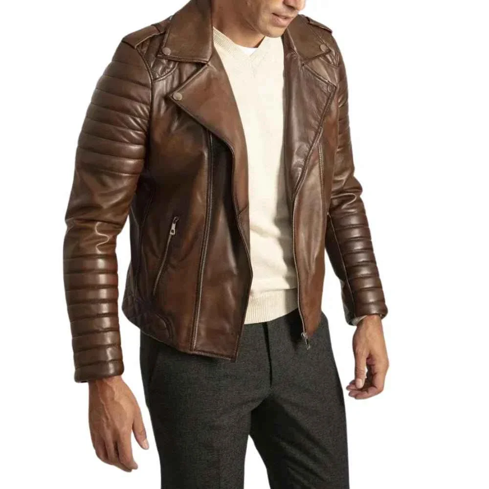 mens distressed brown leather motorcycle jacket