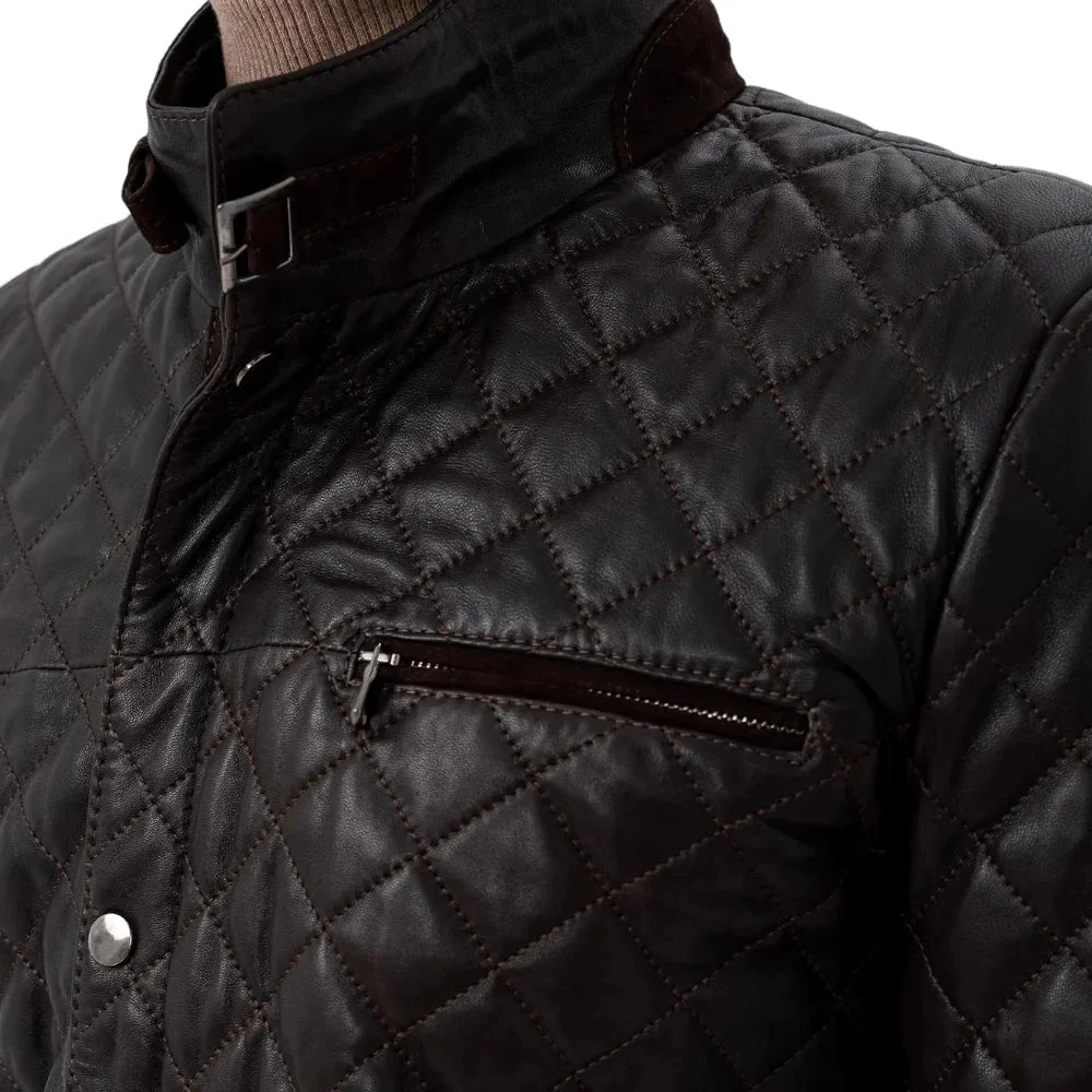 men’s black diamond quilted real leather car coat with brown detailing